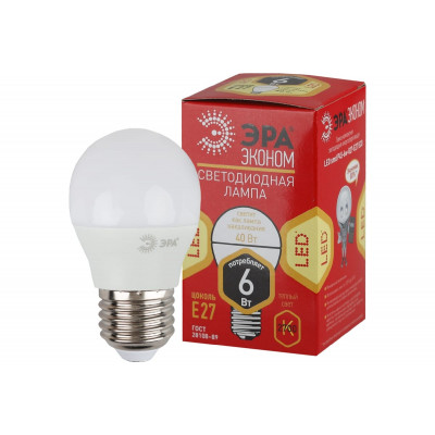 Светодиодная лампа ЭРА ECO LED Р45-6W-827-E27, шар, теплый Б0020629 Светодиодная лампа ЭРА ECO LED Р45-6W-827-E27, шар, теплый Б0020629